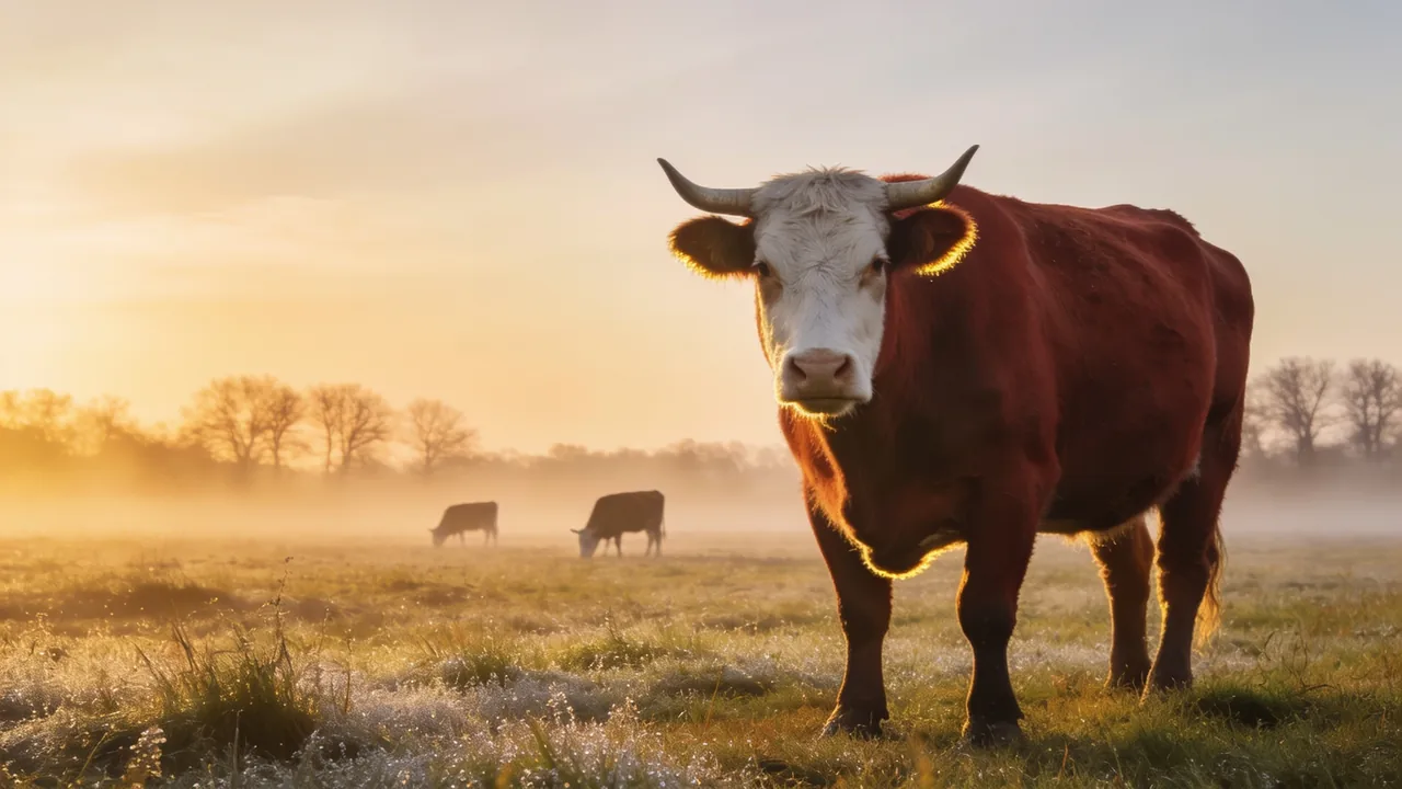 A white-faced cow in a misty sunrise pasture